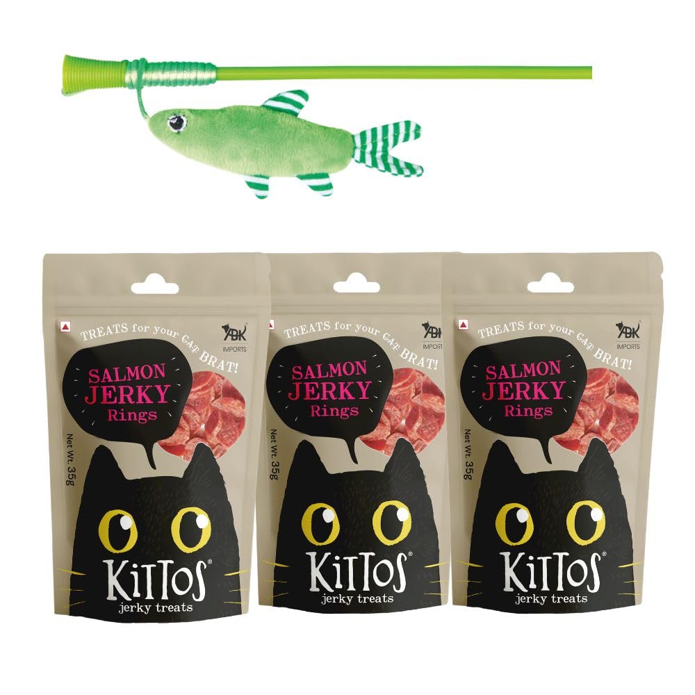 Combo Of Trixie Playing Rod With Plush Fish, Interactive Cat Toy  42 Cm And 3 Pack Of Kittos Nutrient Rich Salmon Rings Cat Tre
