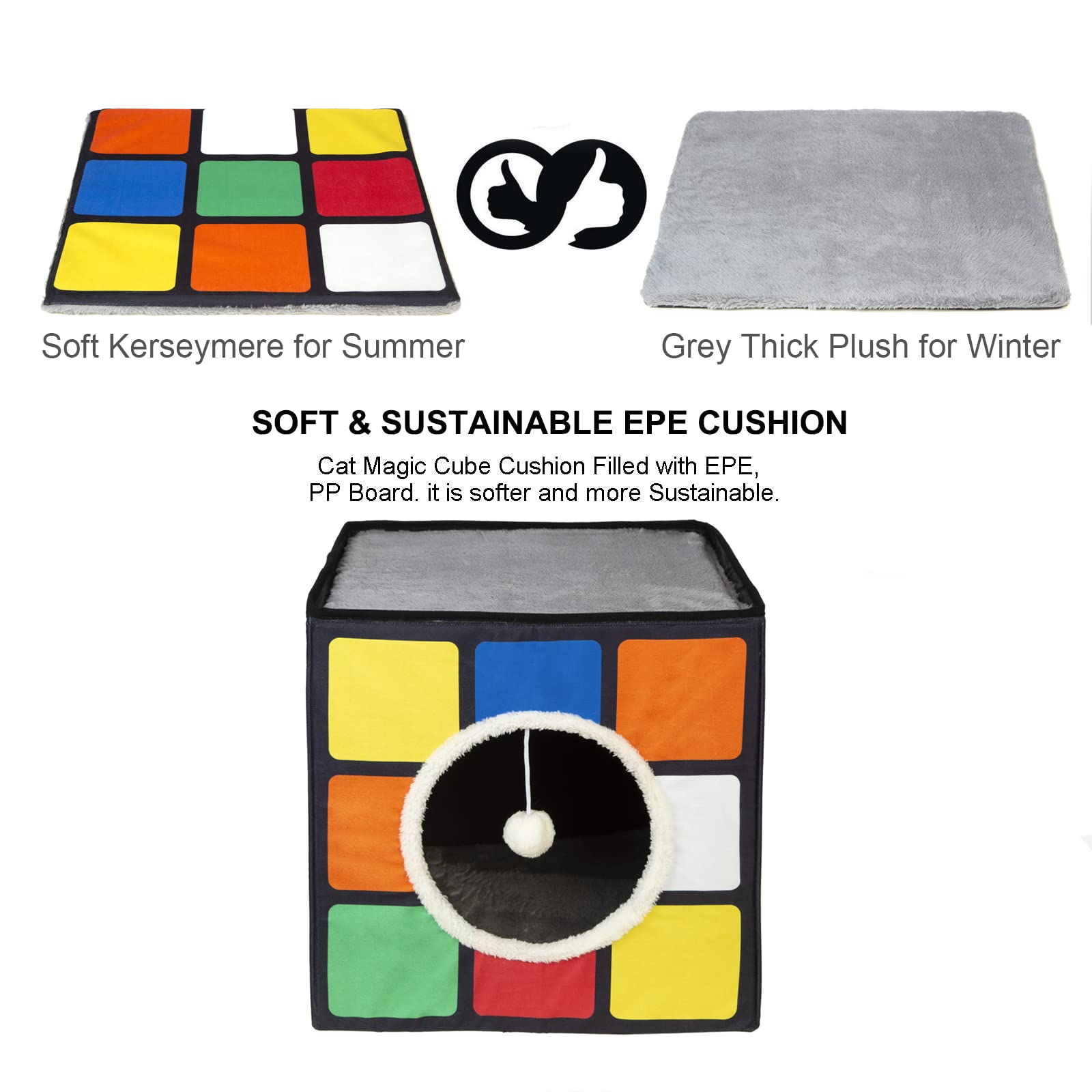 Luckitty Cat Condo House With Reversible Cushions And Fluffy Ball Hanging, Foldable Magic Cube, Large Cave Bed For Indoor Cats,