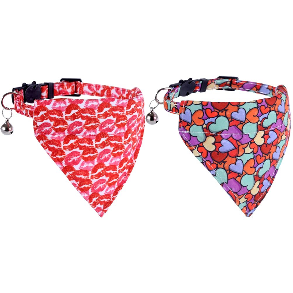 Valentine'S Day Cat Collar Breakaway With Cute Bandana And Bell For Kitty Adjustable Safety Love Heart