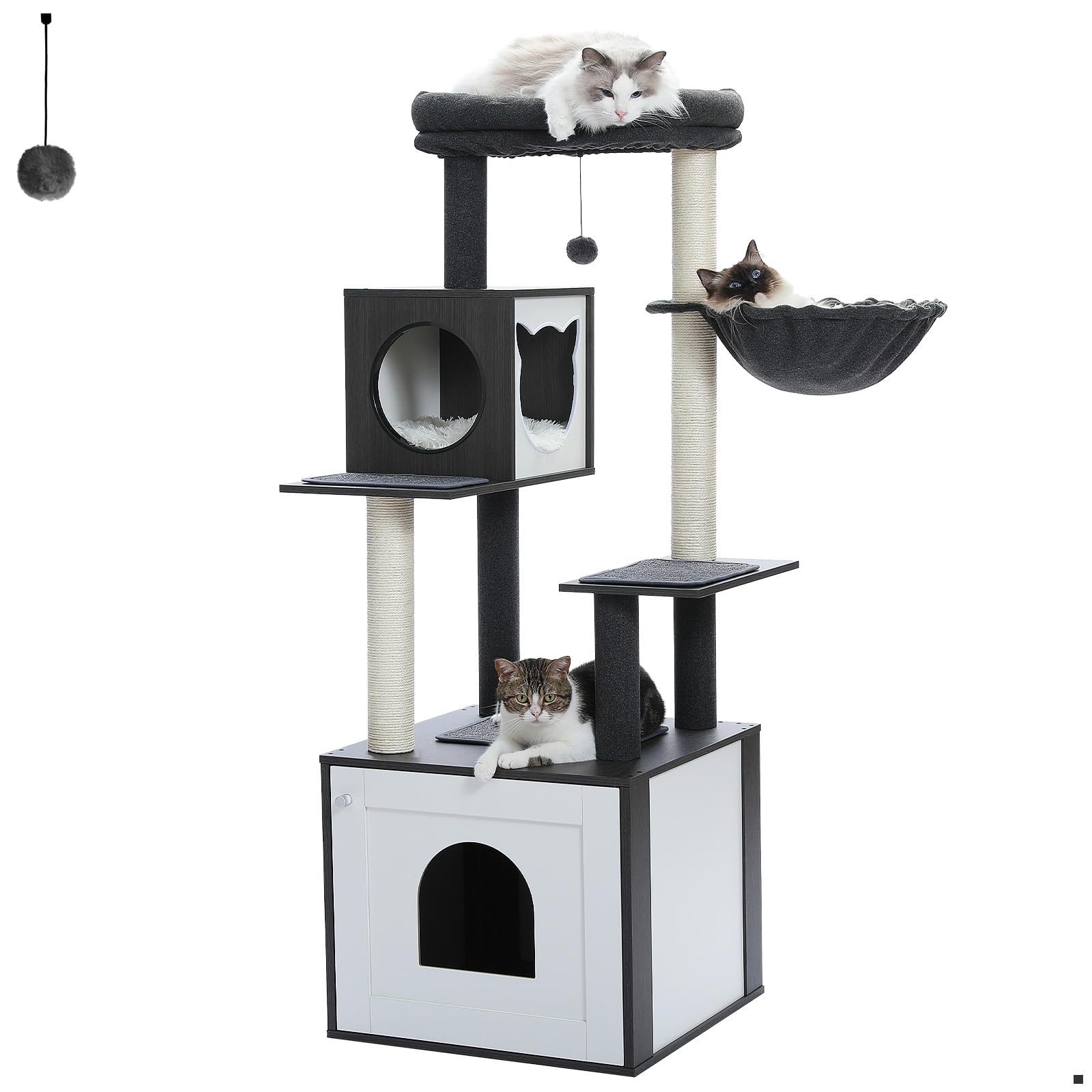 Miomum Tall Cat Tree With Litter Box Enclosure 56.7' Wooden Cat Tower For Large Cats With Cat Hammock House Bed (Wood Black)