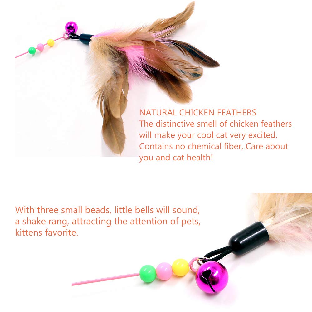 Cat Feather Toy, Cat Toys Wand, Bundle Of 5 Pack Interactive Pet Cat Kitten Chaser Teaser Wire Wand With Bell Beads For Cat Exer