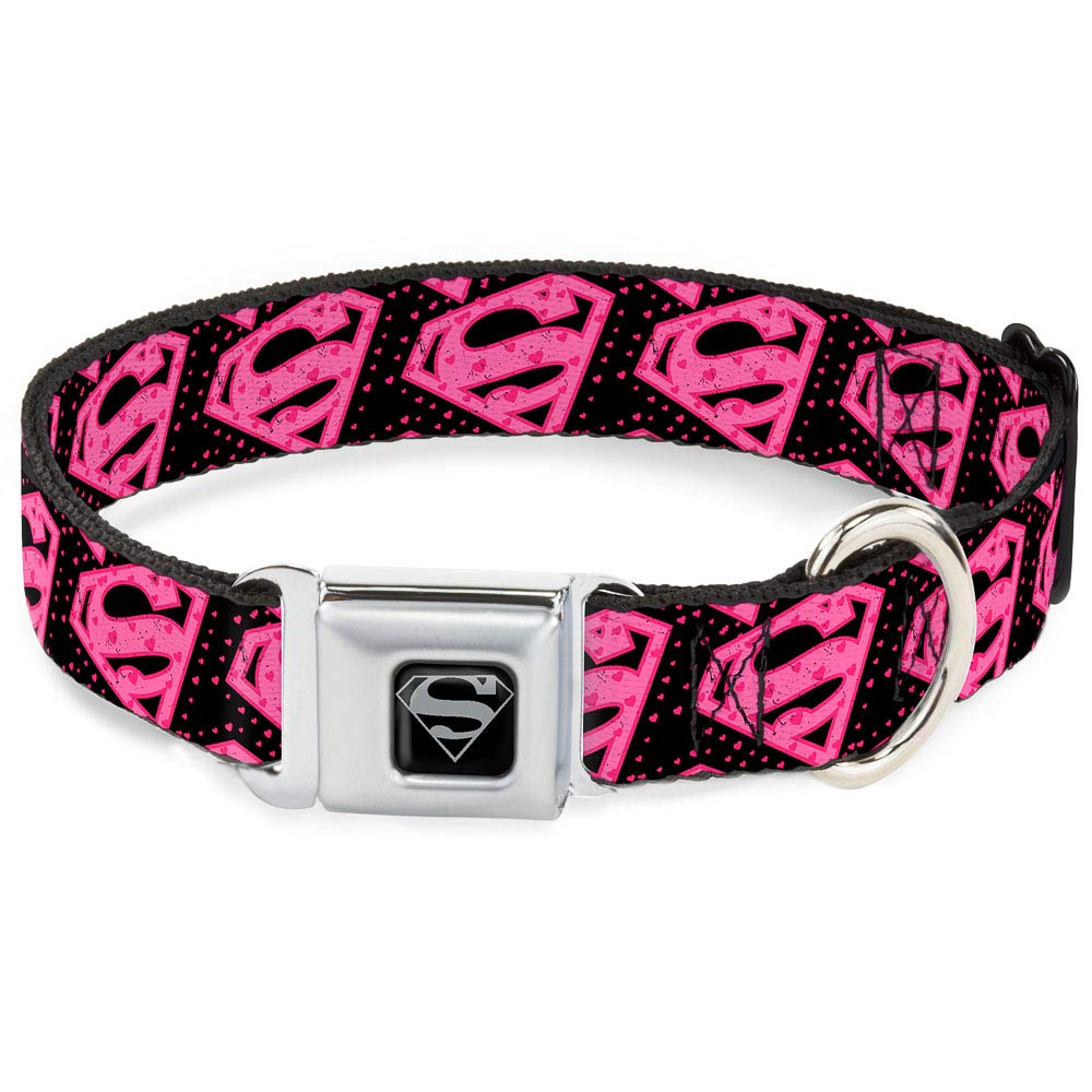 Buckle-Down Dog Collar Seatbelt Buckle Diagonal Superman Logo Hearts Black Pink 15 To 26 Inches 1.0 Inch Wide, Multi Color (Dc-Wsm026-L)