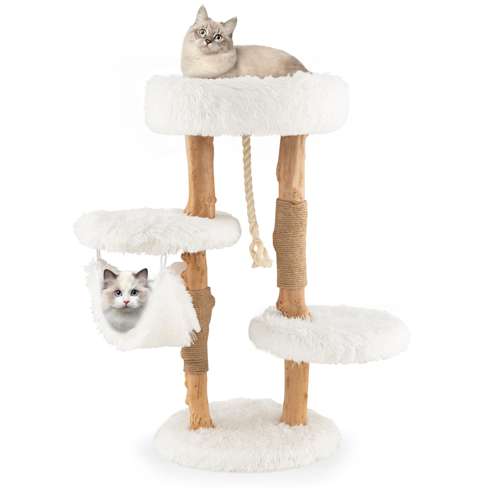 Tangkula Cat Tree Tower, Solid Wood Modern Cat Tower With Cozy Top Perch, 2 Platforms & 1 Hammock, Natural Branch Cute Cat Tree 