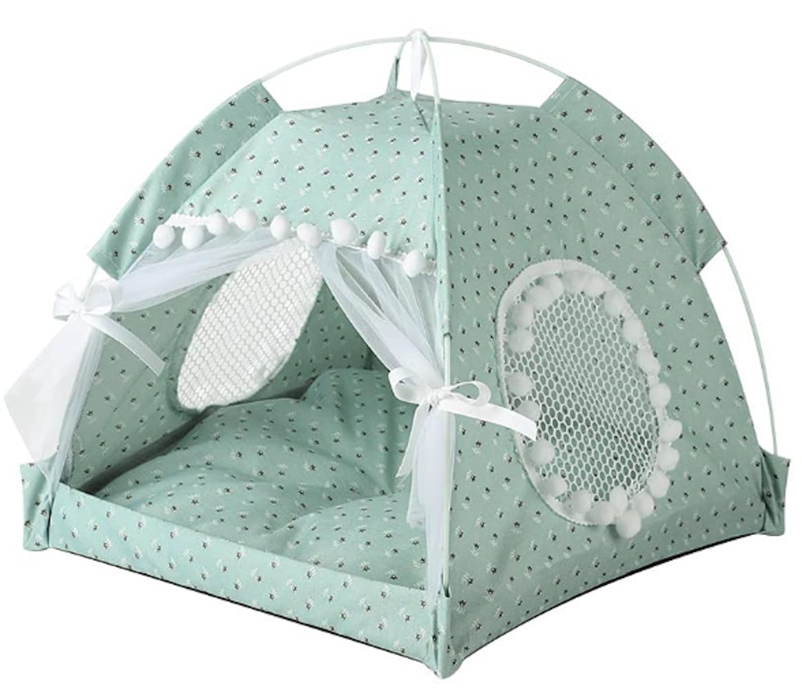 Cat Bed Tents Dog House Indoor Outdoor Lace Mesh Breathable Windows Door Curtains Removable Portable Nest Teepe House (Small,Min