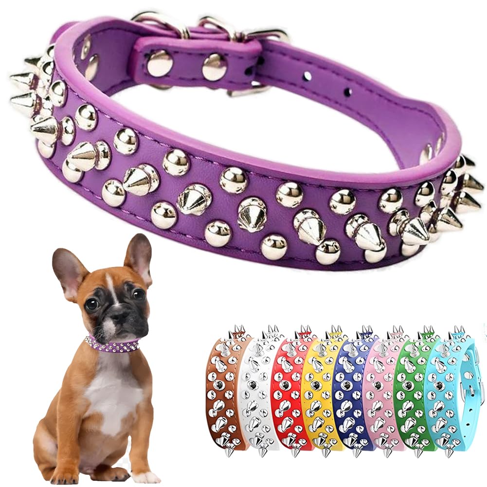 Purple Spiked Dog Collar For Medium, Small Dogs And Cats - Chew Proof Pu Leather Rivet Studded Adjustable For Xxs Xs Pets Like C