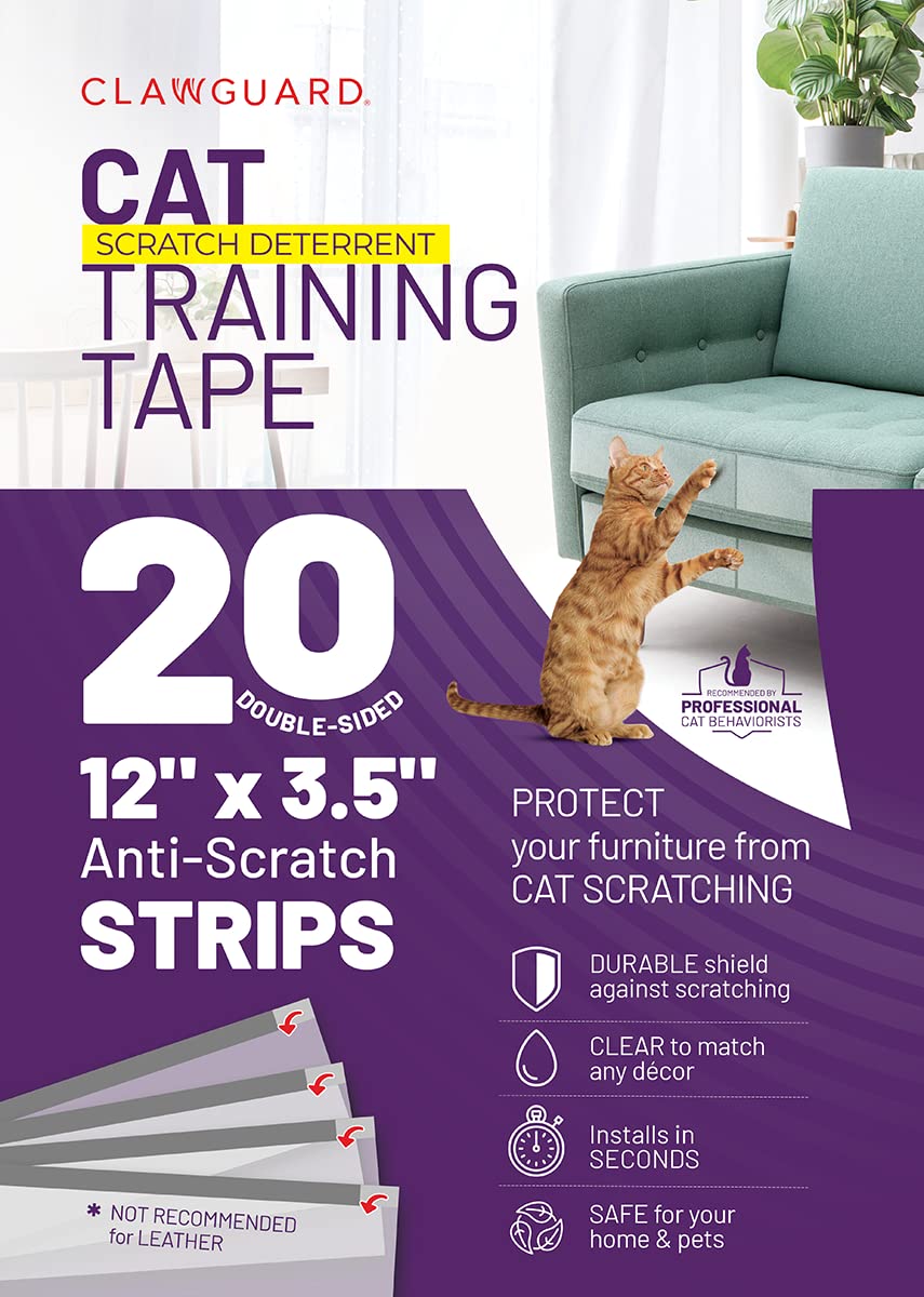 Clawguard Cat Repellant Tape 20 Pre-Cut Strips - Cat Scratch Furniture Protector - Cat Deterrent Tape - Cat Anti Scratch Shields - Cat Scratch Sofa Protection - Sofa Drapes Screens And More