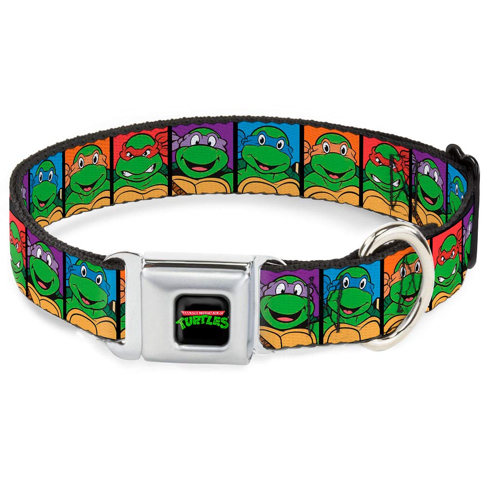 Buckle-Down Seatbelt Buckle Dog Collar - Classic Tmnt Face Blocks Black/Multi Color - 1.5' Wide - Fits 13-18' Neck - Small
