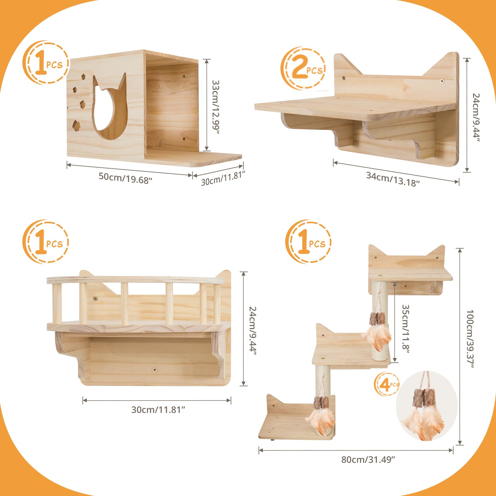 Miuzmore 9-Piece Wall-Mounted Cat Shelves Set, Cat House, Lookout Tower, 2 Sisal Scratching Posts, 5-Step Wall Ladder, 4 Toys, E