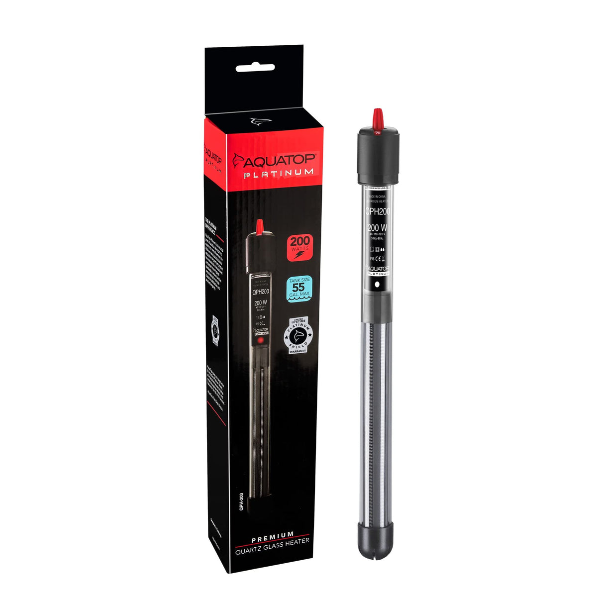 Aquatop 200W Quartz Platinum Heater - Fully Submersible For 40-60 Gallons Fish Tanks 68-93F Adjustable Temperature Range Fresh &