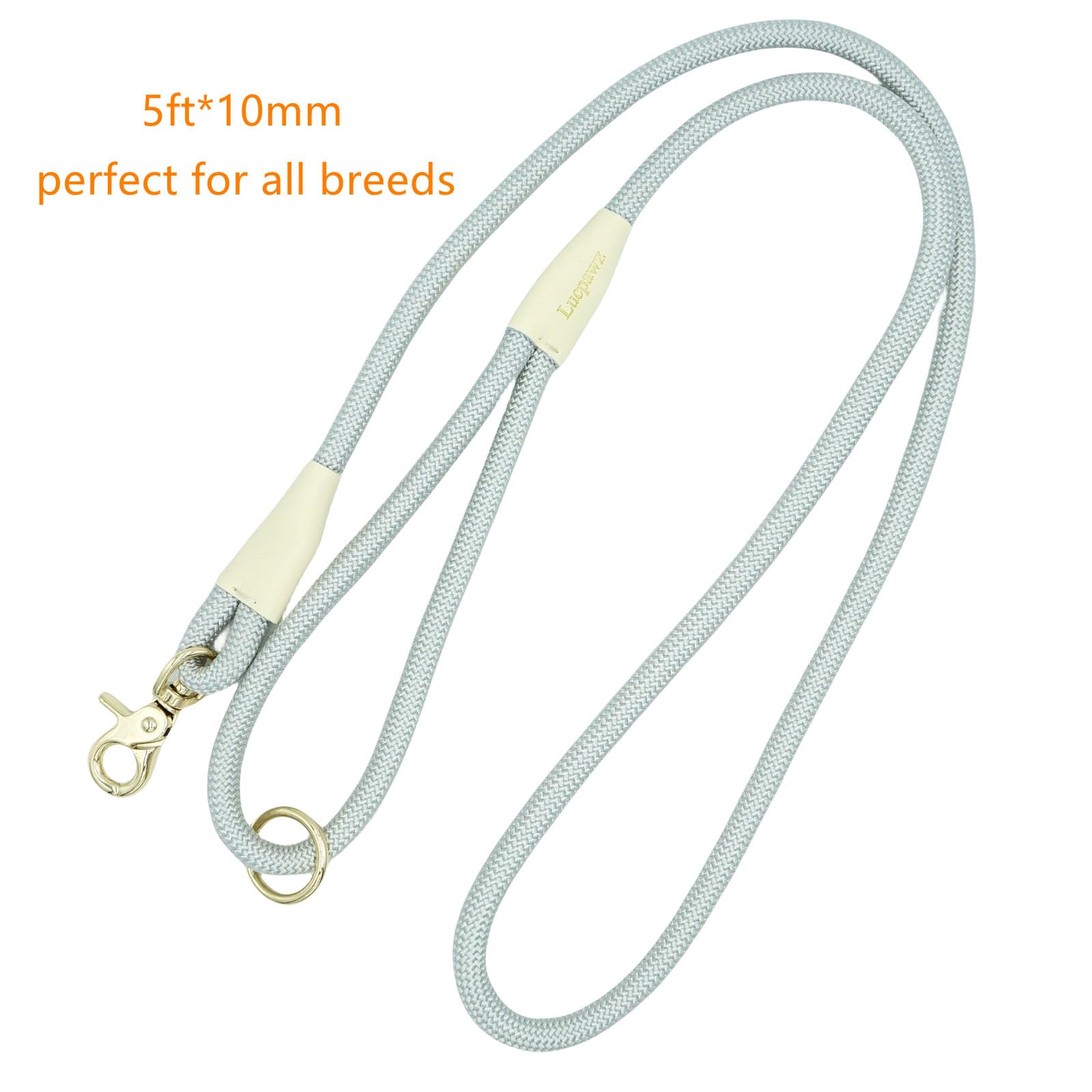 Lucpawz Lobster Snap Pet Leash 5Ft, Special Strong Nylon Rope Dog Leash, Solid Color Rope Dog Lead For All Breeds (Grey, 5Ft *10