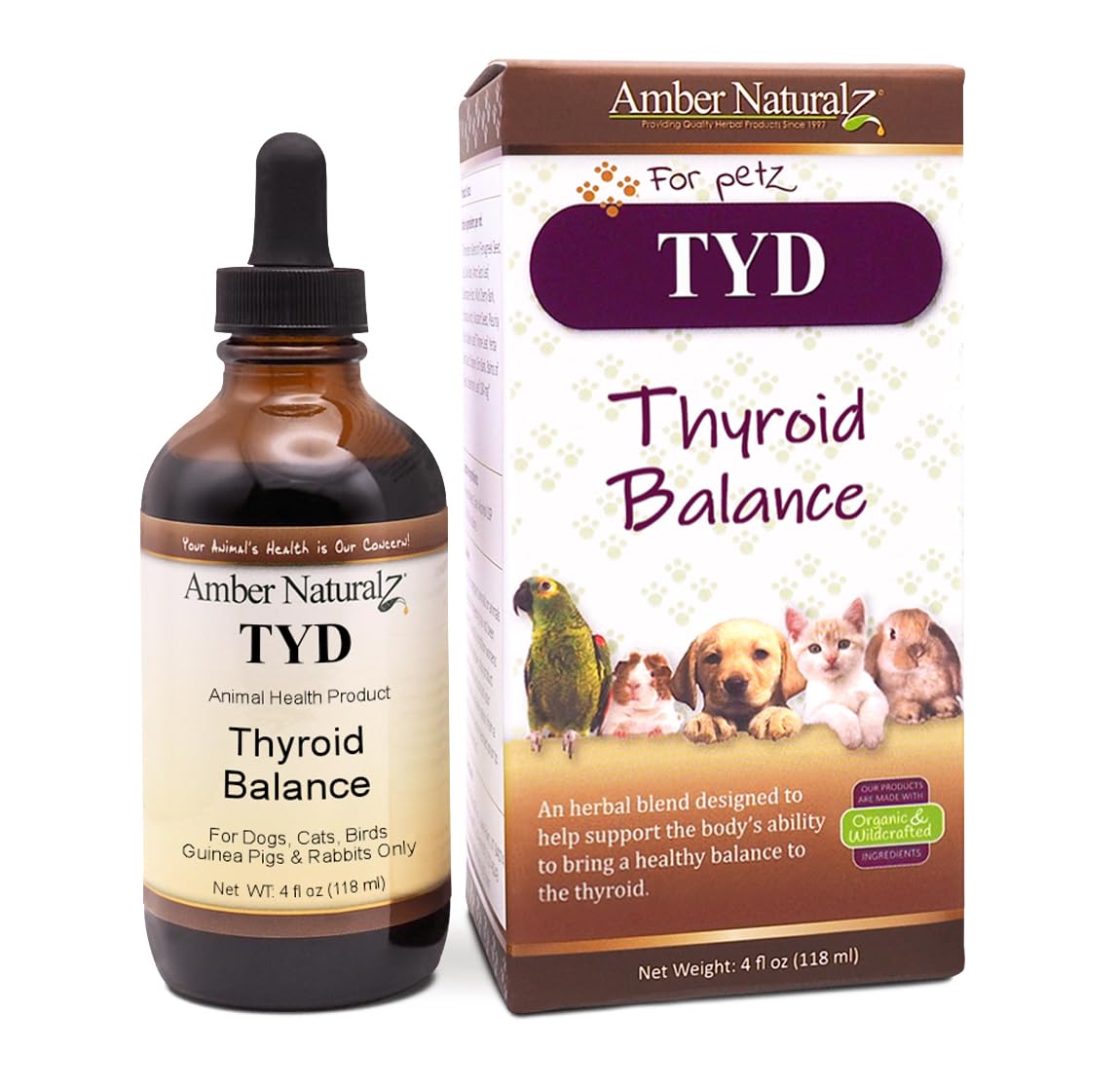 Amber NaturalZ TYD Thyroid Balance Herbal Supplement for Dogs, Cats, Birds, Guinea Pigs, and Rabbits | Herbal Pet Supplement for