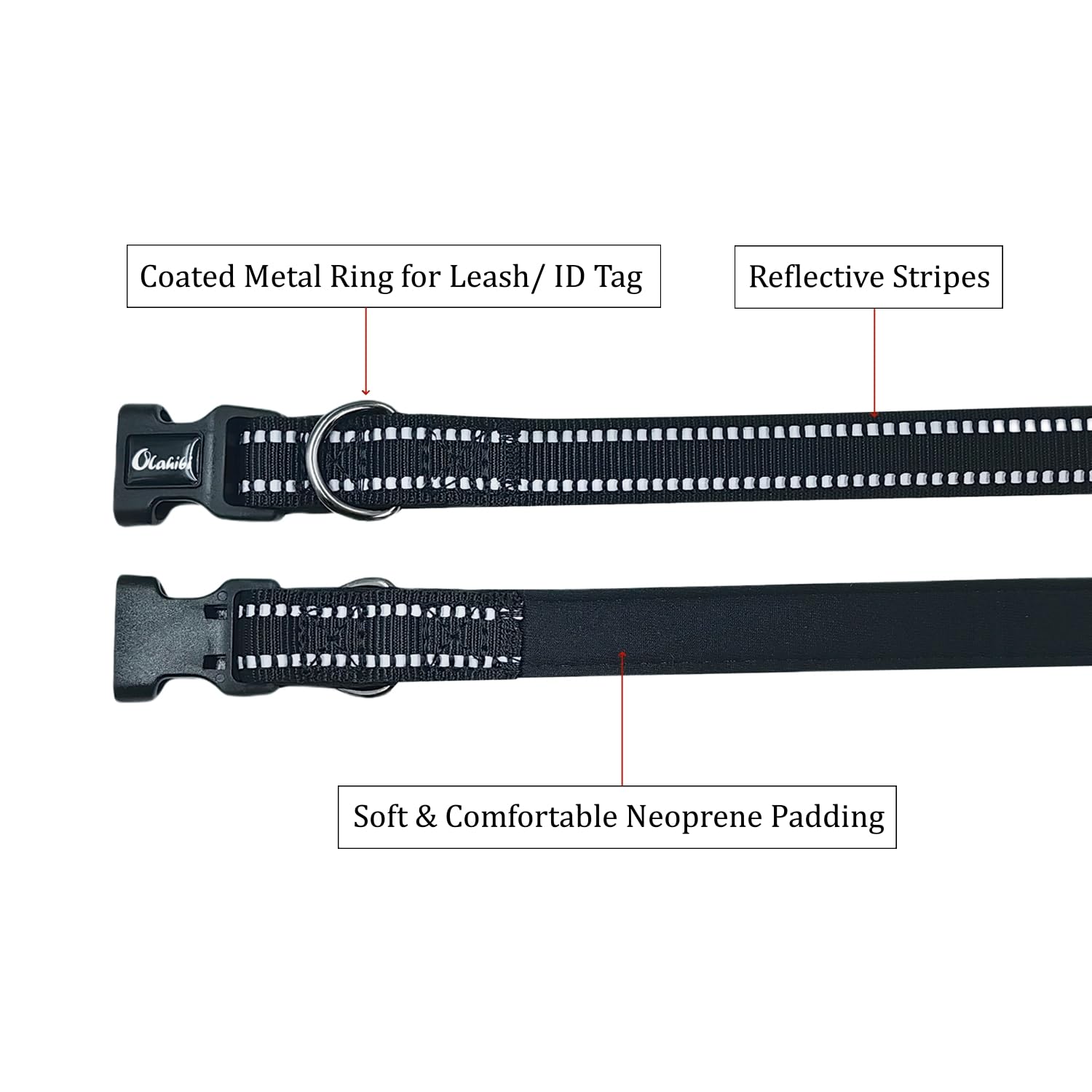 Olahibi Neoprene Padded Dog Collar, Soft And Comfortable, Durable Nylon With Reflective Stripe, For Small Dogs.(Small, Black)