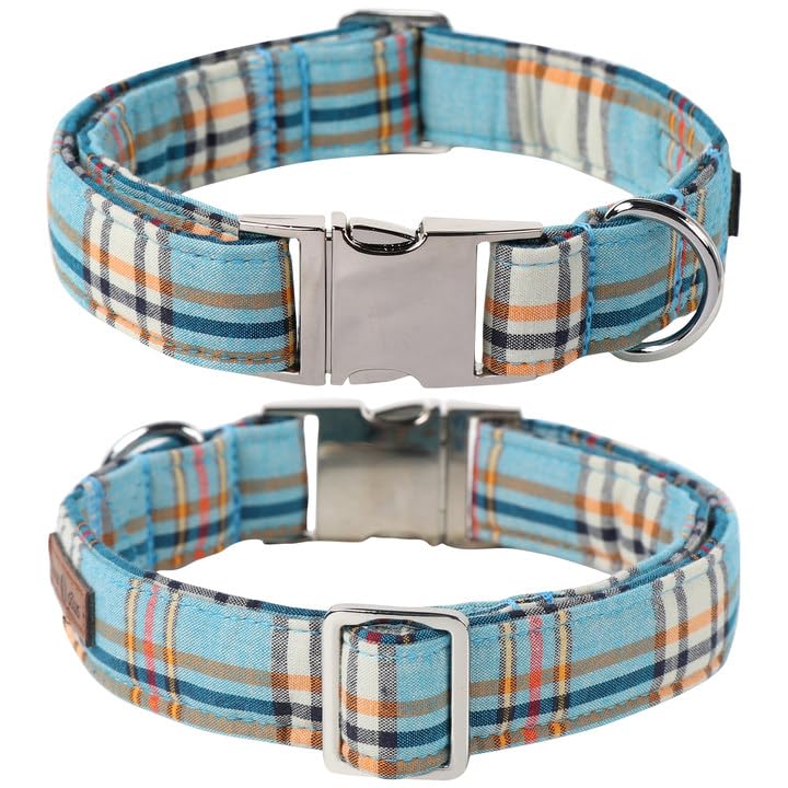 Lionet Paws Boy Dog Collar, Comfortable Adjustable Cute Blue Plaid Collar With Metal Buckle For Male Dogs, Xlarge, Neck 16-26 In