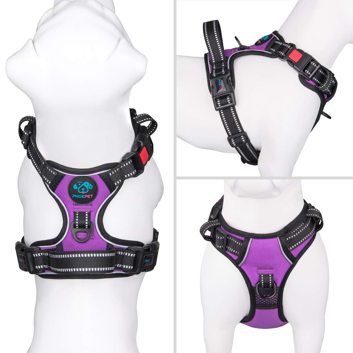 Phoepet Reflective Dog Harness Large Breed Adjustable No Pull Vest With With Handle 2 Metal Rings 3 Buckles [Easy To Put On & Take Off](Xl, Purple)