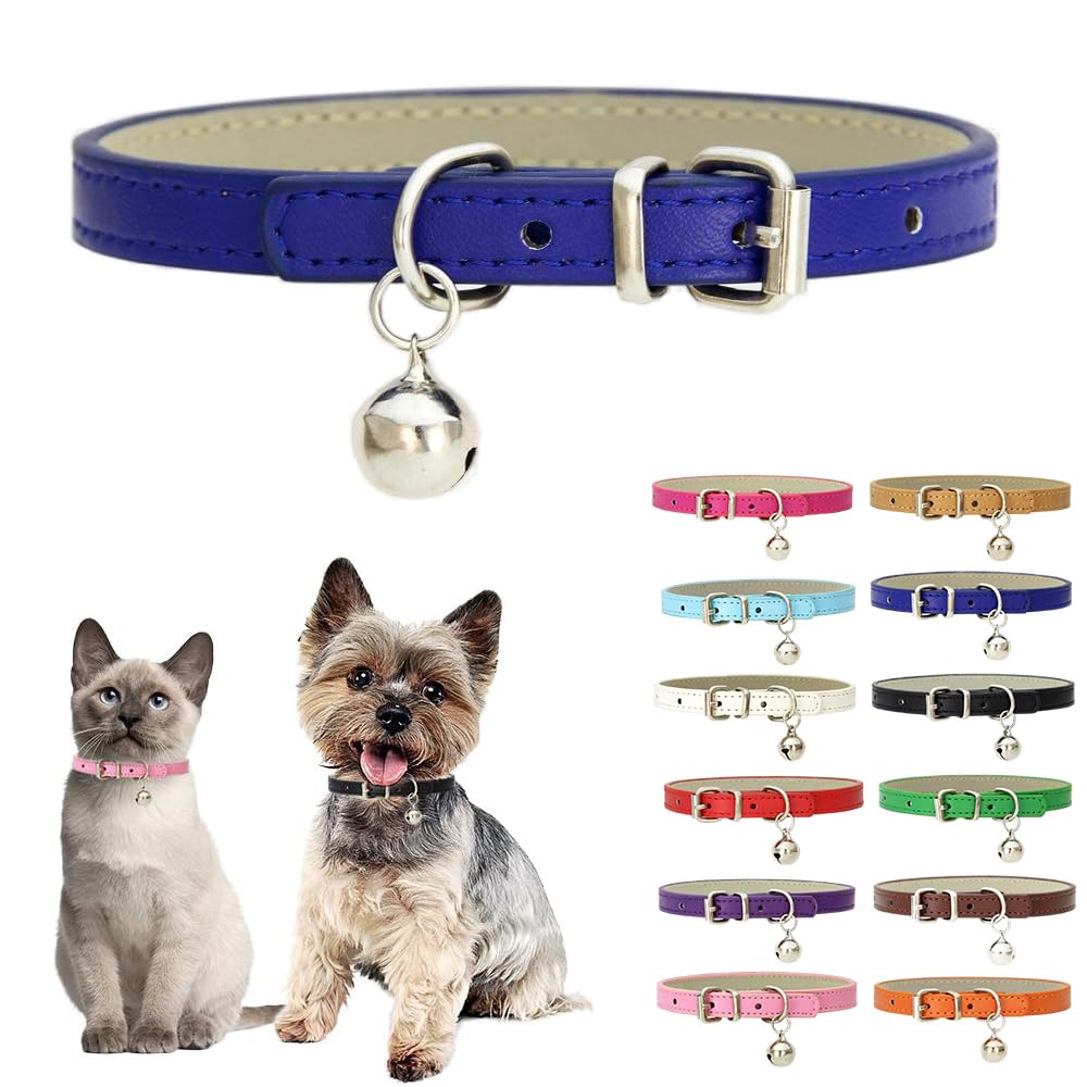Dark Blue Xxs Dog Collar With Bell,Soft Pu Leather Female Puppy Collar With Bells Basic Girls Cat Collar With Bells For Xxs Xsma