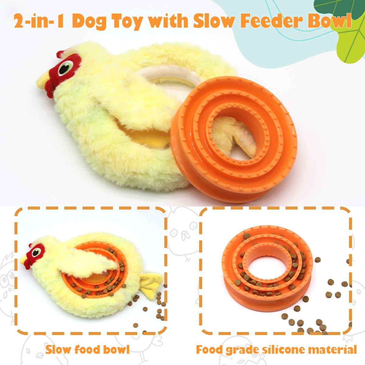 HUGEME Chicken Plush Tug of War Dog Toy, Stuffed Crinkle Dog Squeaky Toy with Slow Feeder Puppy Chew Toy for Small Medium Large