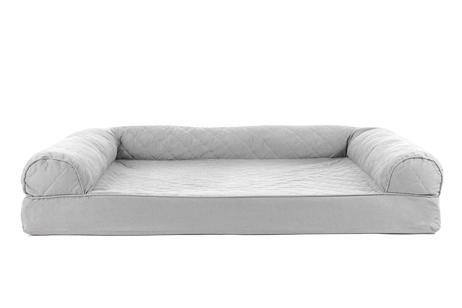 Furhaven Cooling Gel Dog Bed for Large Dogs w/ Removable Bolsters & Washable Cover, For Dogs Up to 95 lbs - Quilted Sofa - Silve