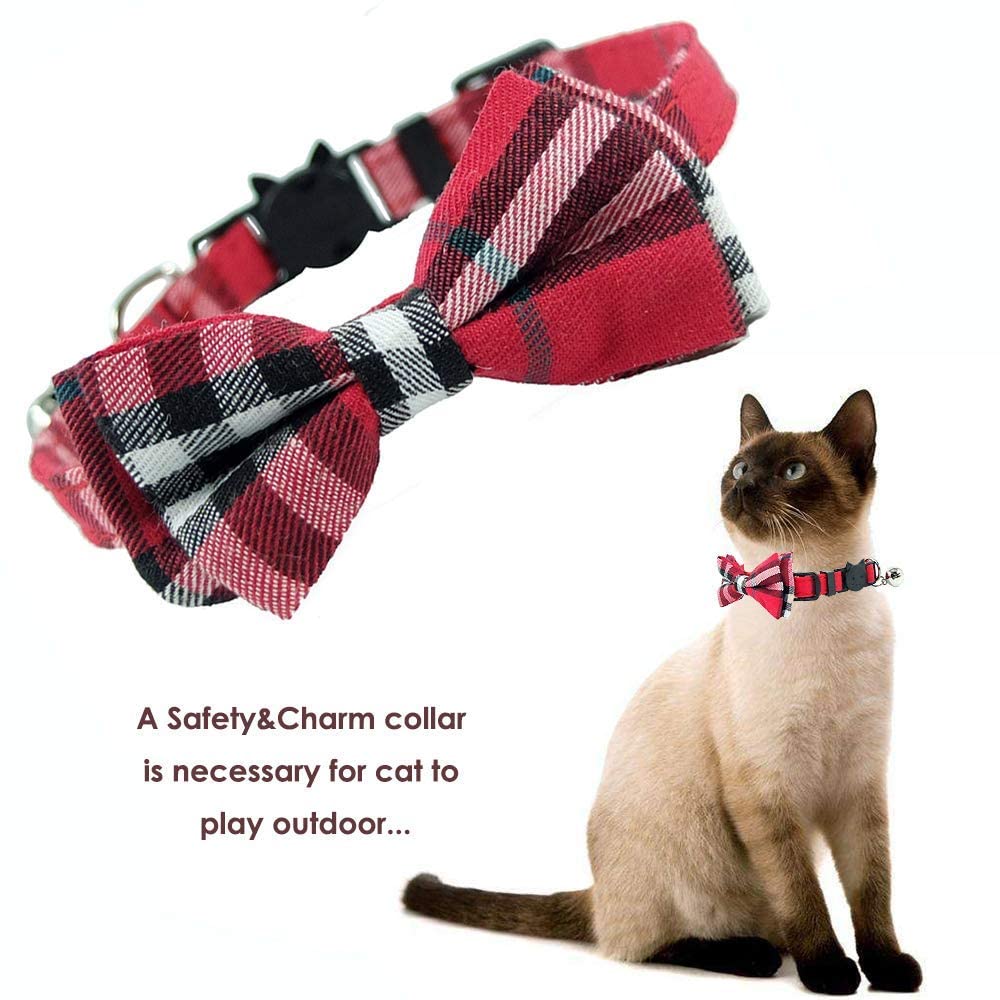 Cat Collar Breakaway With Bell And Bow Tie, Plaid Design Adjustable Safety Kitty Kitten Collars(6.8-10.8In) (Red Plaid 1)