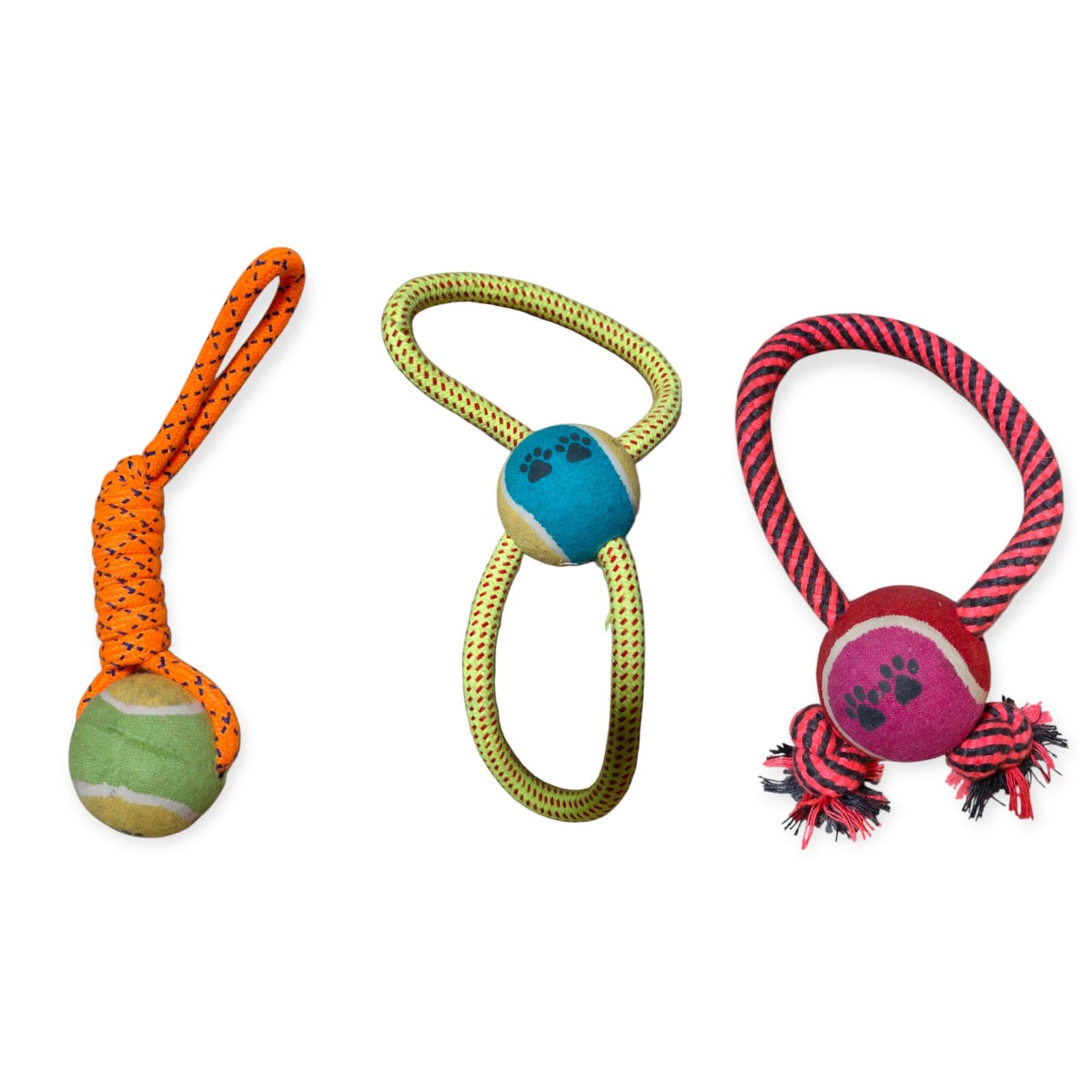 Combo Ball with Rope Dog Toy, Red and Black Striped Rope with Tennis Ball, Interactive Tug and Fetch Toy, 3 Pack