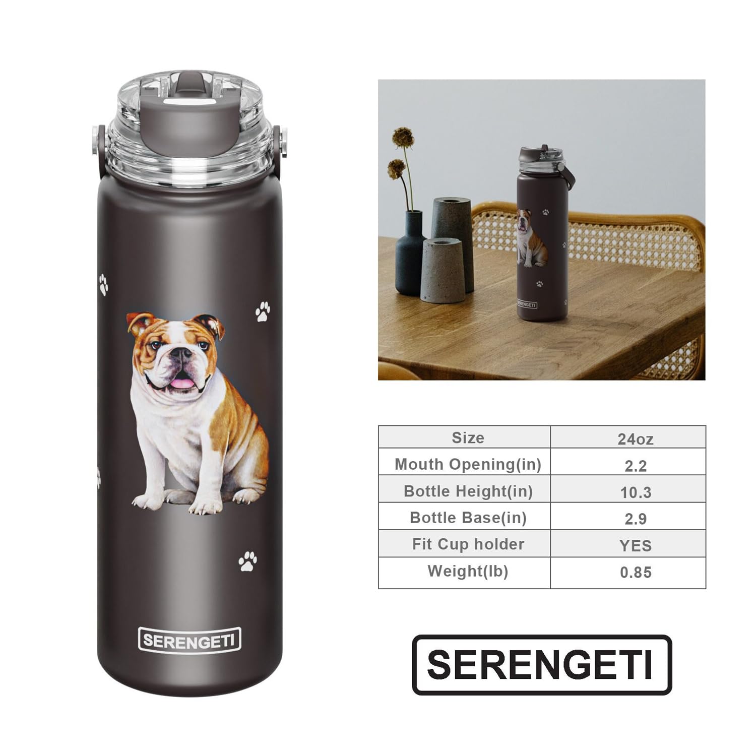 Serengeti 24 Oz Water Bottle Stainless Steel With Spill Proof Lid - Double Walled Vacuum Insulated Water Flask - Realistic 3D Pr