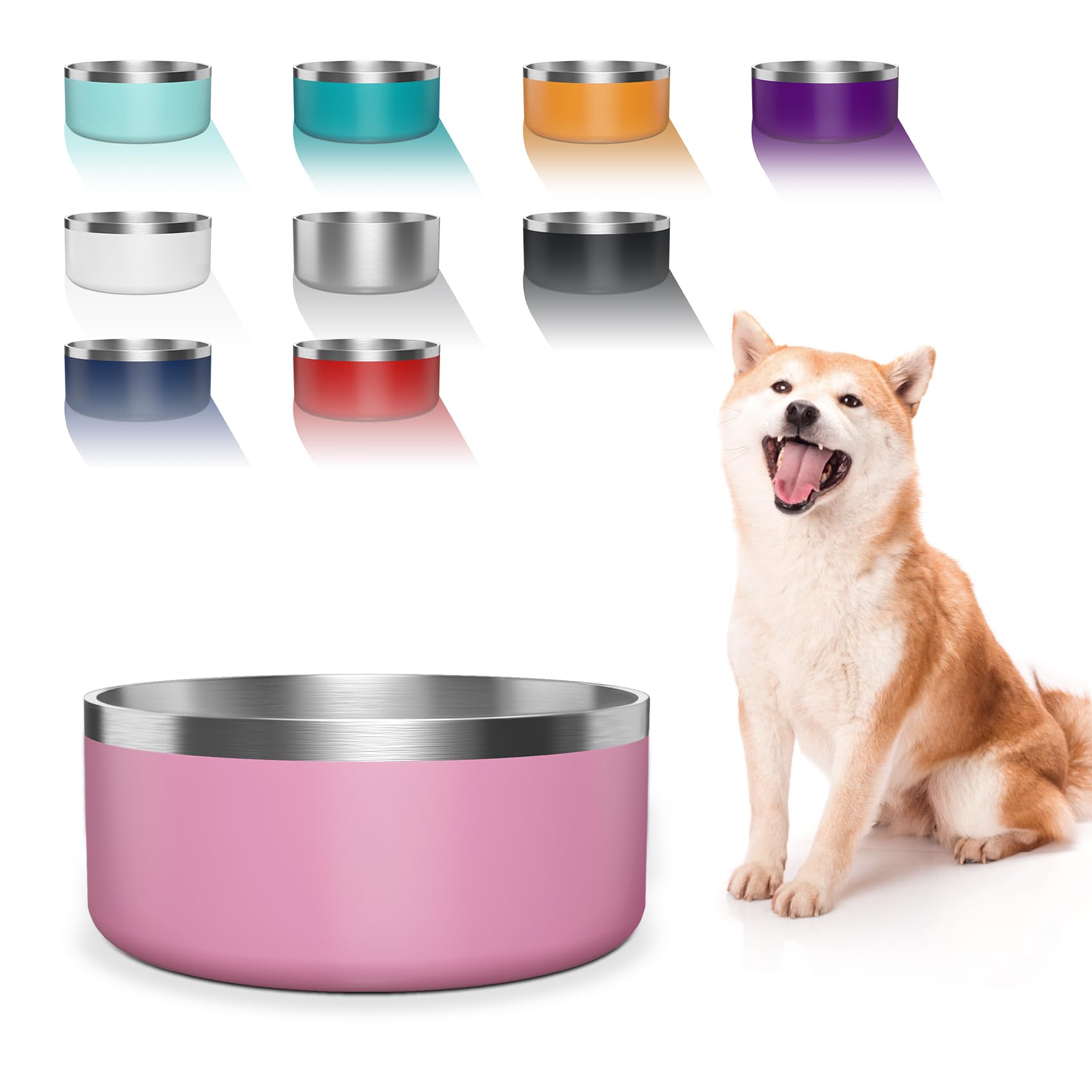 WENBOKMIN Dog Bowl, Stainless Steel Dog Food and Water Bowl with Non Slip Quiet Bottom, Easy to Clean, Dishwasher Safe, 64oz, Pi