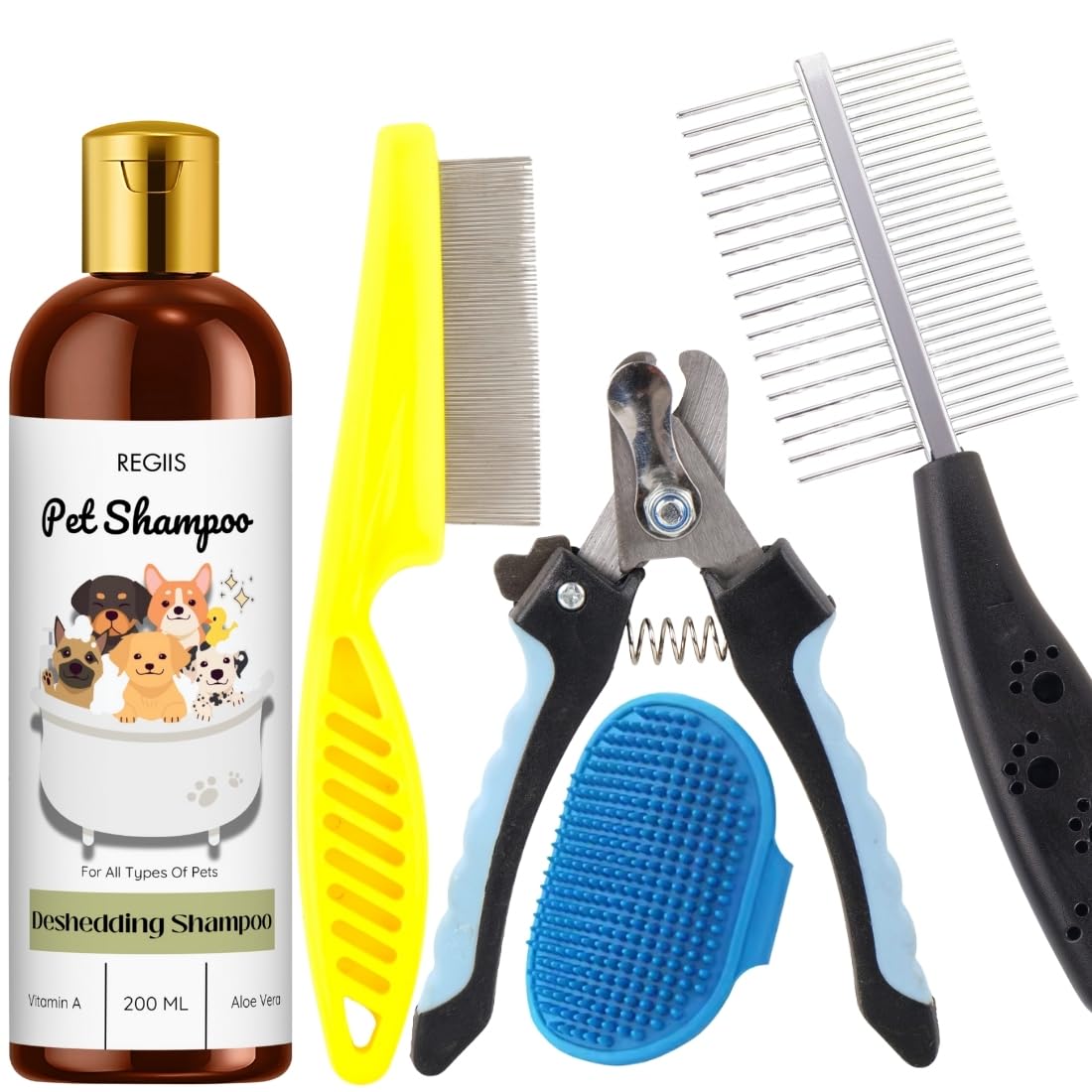 Regiis Pet Grooming Kit With Deshedding Shampoo, Professional Nail Clippers, Metal Combs, Massage Brush, 200Ml(Pack Of 5)
