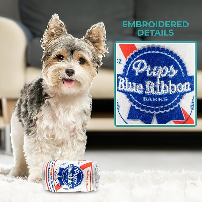 Haute Diggity Dog Pups Blue Ribbon Beer Can, Plush Designer Dog Toys with Interactive Squeaker, Stimulating Pet Enrichment, Mach
