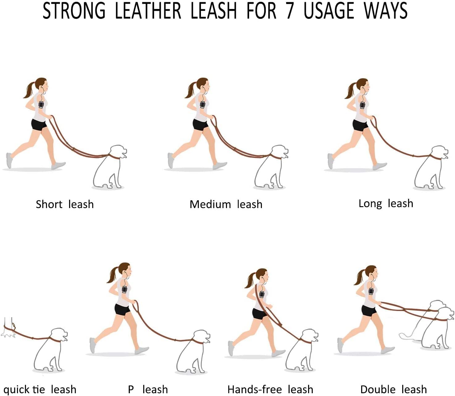 Leather Dog Leash 8ft, Soft Multi-Function 6 in 1 Leather Training Walking Leash, Hands Free Leather Leash, Dual, Crossbody Dog