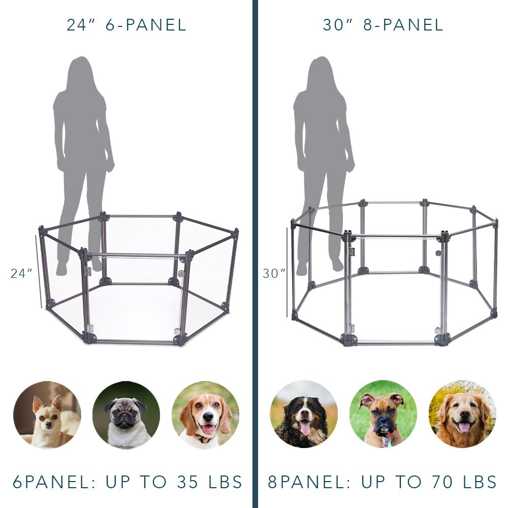 FRONT ROW Foldable Dog Playpen - Portable Aluminum Puppy Playpen, 8-Panel, Silver, Durable Clear Fence for Exercise & Rest