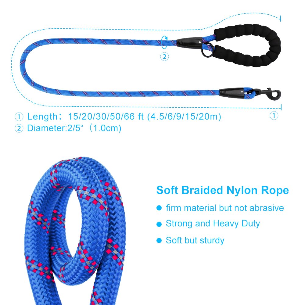 Plutus Pet Long Rope Dog Leash, With Comfortable Padded Handle, Reflective Nylon Heavy Duty Rope Leash, 15Ft 20Ft 30Ft 50Ft 66Ft Dog Training Leash For Small Medium Large Dogs (50Ft, Navy Blue)