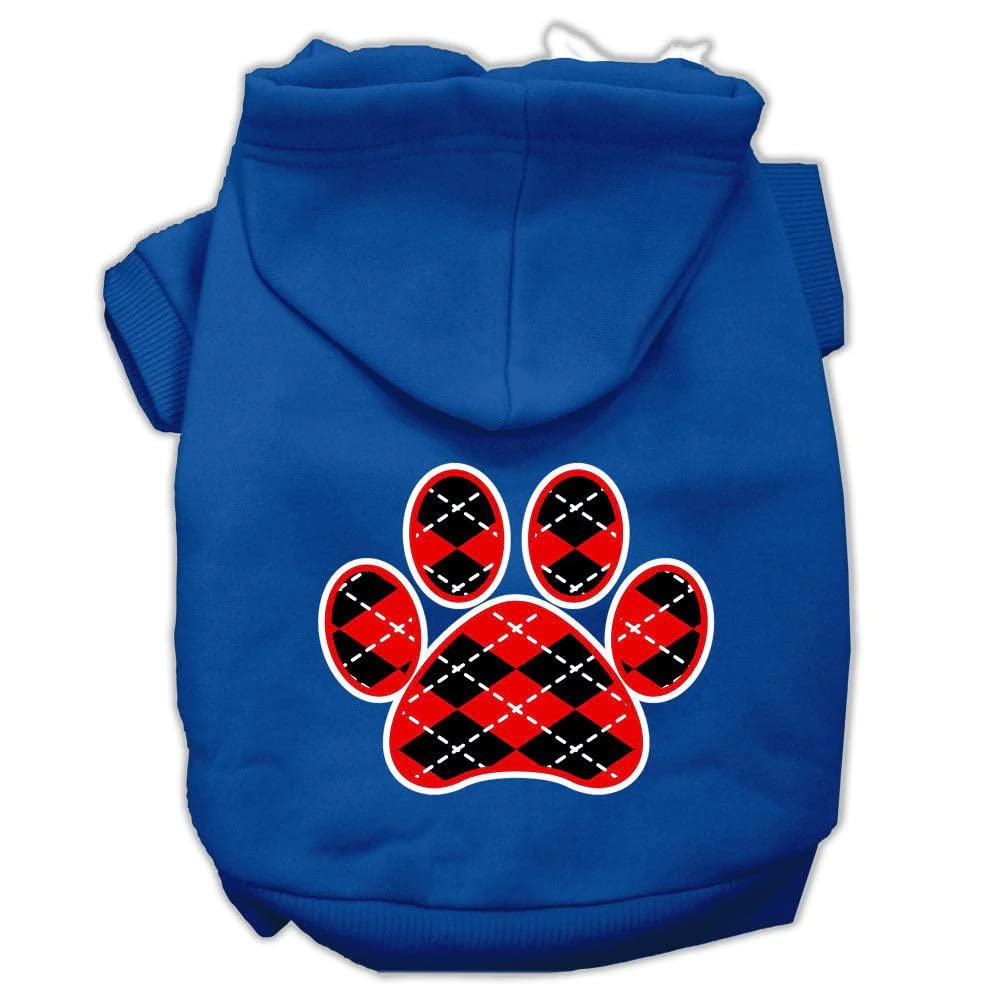 Pet Dog & Cat Hoodie Screen Printed, Red Argyle Paw Blue SM (3-6 lbs.)