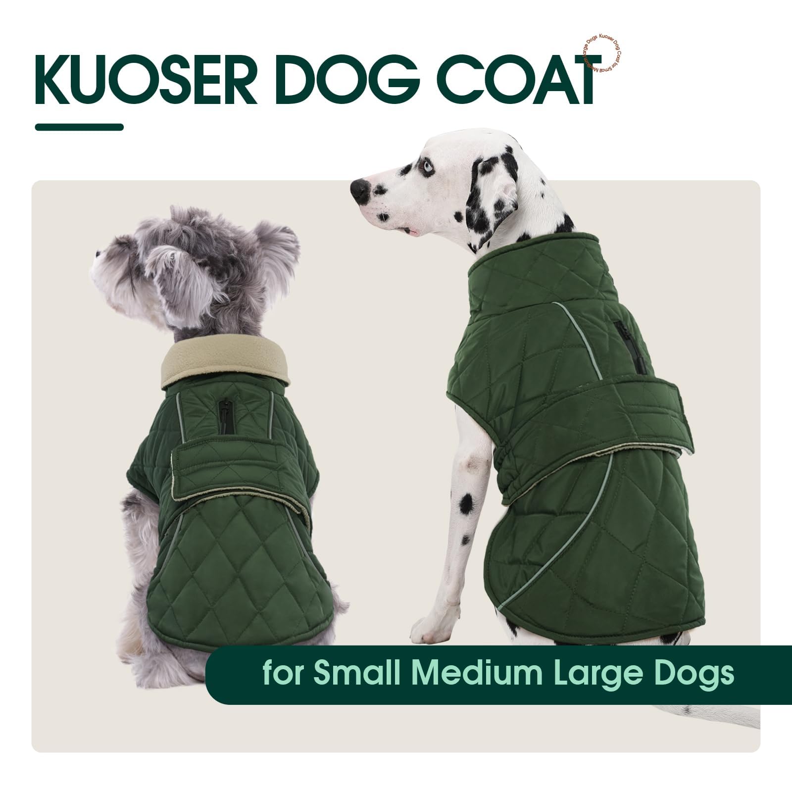 Kuoser Dog Winter Coat, Waterproof Fleece-Lined Snowsuit, Large, Green, Model C118-Kuoser-778MF-1