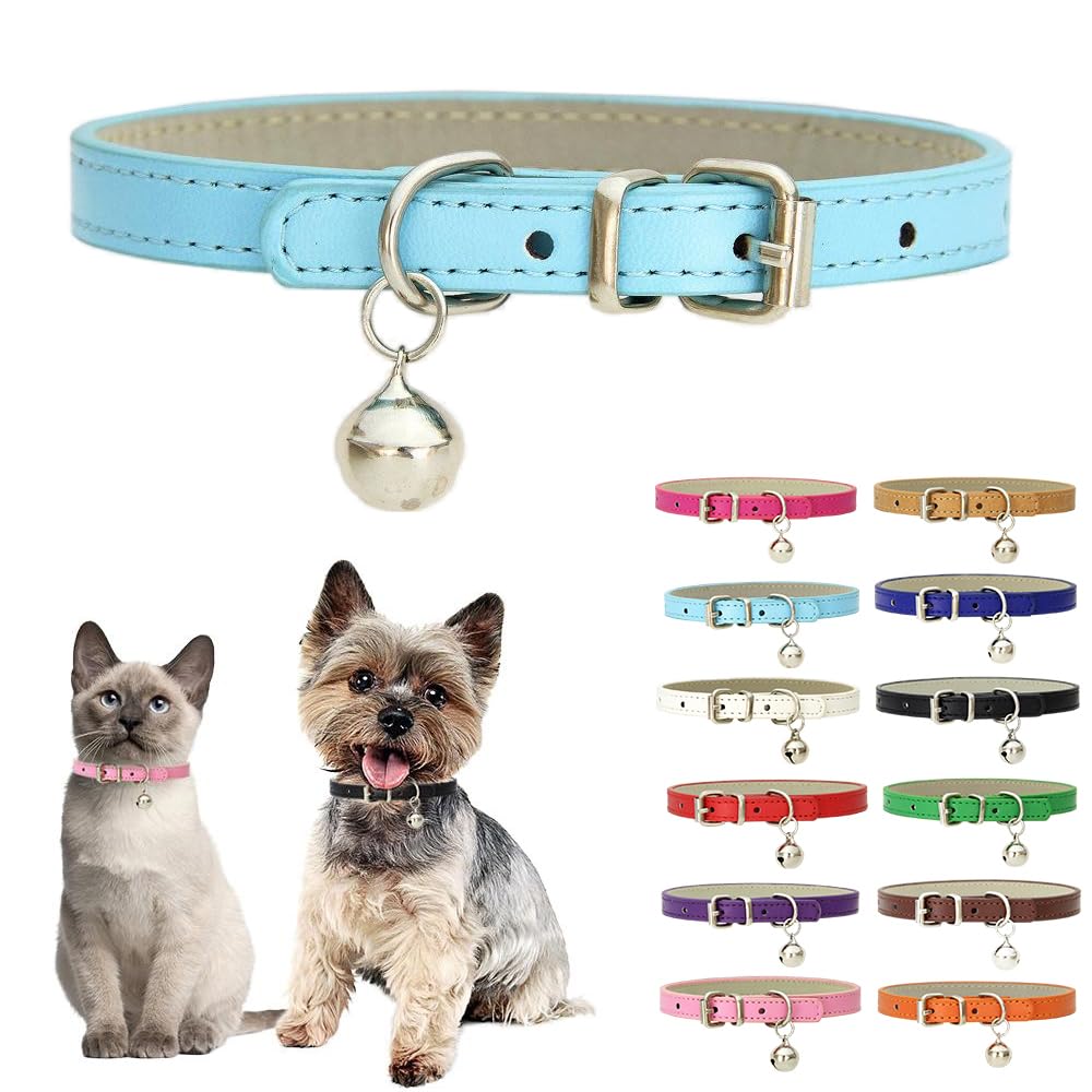 Blue Xxs Dog Collar With Bell,Soft Pu Leather Female Puppy Collar With Bells Basic Girls Cat Collar With Bells For Xxs Xsmall Sm