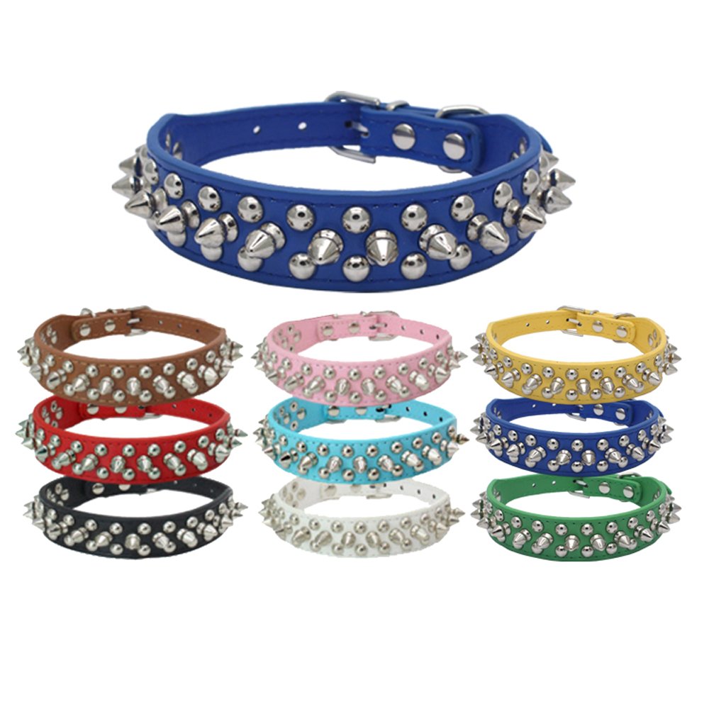 Dogs Kingdom 10 -24  Length Soft Leather Mushrooms Rivet and Spikes Studded Adjustable Buckle Pet Puppy Dog Collar for Small Med