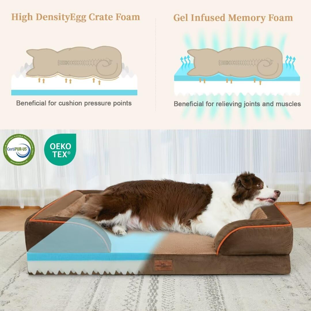 Cooling Dog Bed Memory Foam, Jumbo Dog Bed For Extra Large Dogs, Orthopedic Jumbo Breed Dog Bed, Waterproof Dog Bed With Bolster & Removable Cover(Jumbo,Khaki Brown)