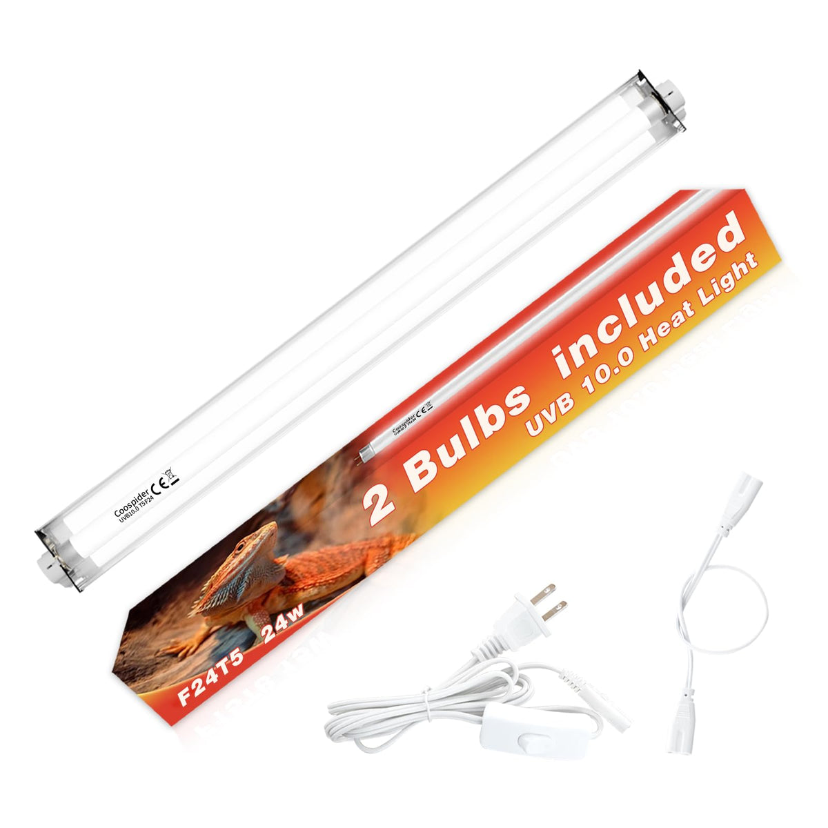 Hypool T5 Uvb Reptile Light Fixture Including 2 Pack Bulbs Ho 24W Reptile Amphibian Habitat Lighting Combo Kit With 22'' 10.0 Uv