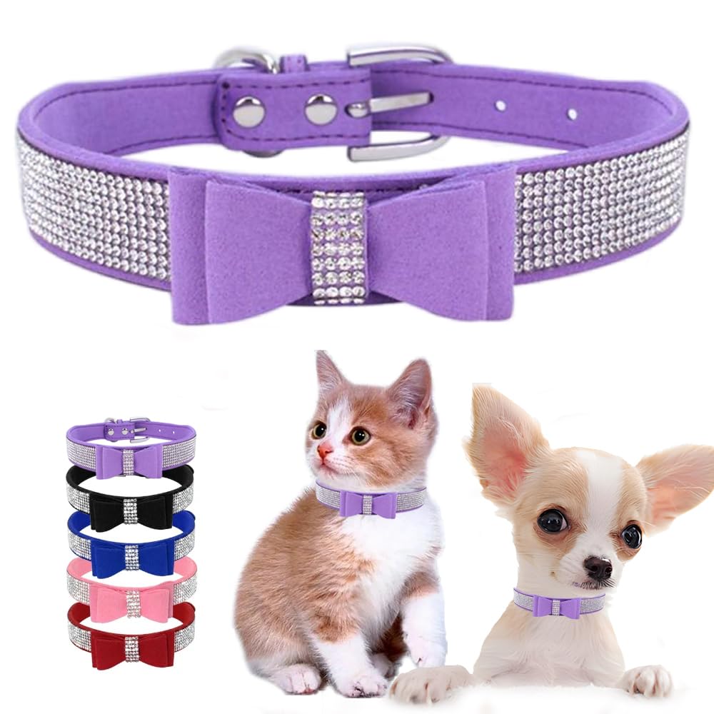 Purple Diamond Cat Collar With Bow, Girl Rhinestone Dog Collars Diamond Puppy Collar Sparkly Crystal Jewelry Cute Adjustable For