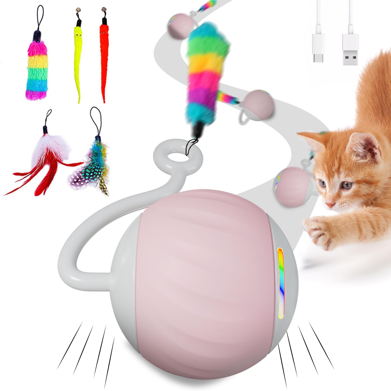 Wakhjakt Cat Toy, Interactive Cat Toys For Indoor Cats, Diy 5 In 1 Automatic Moving Cat Ball Toys/Puppies Toys With Led Rainbow 
