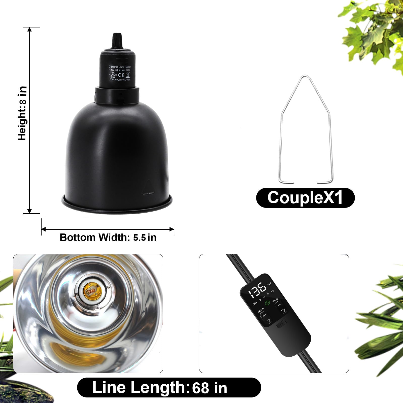 Mecesor 5.5'' Deep Dome Reptile Lamp Fixture With Thermostat Timer & Dual Controls, Heat-Resistant Ceramic Bulb Holder For Beard