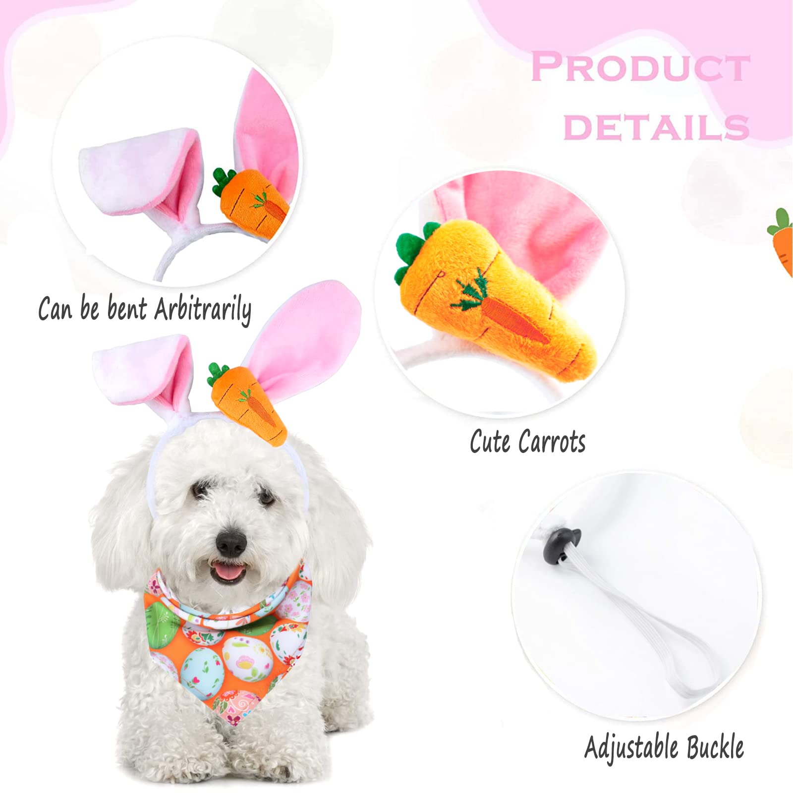 Dog Easter Costume Cute Bunny Ears Headband Easter Eggs Bandana Puppy Funny Rabbit Carrot Chew Toys 3Pcs Easter Party Gifts Medi