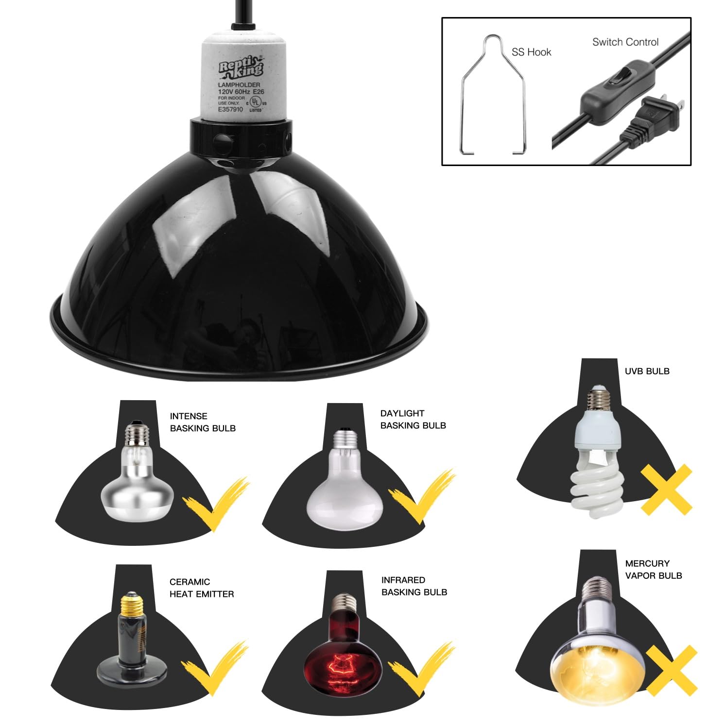 ReptiKing Reptile Light Fixture, 8.5'' Reptile Dome for Reptile Light/Heat Lamp/Ceramic Heat Emitter, 1-Pack 8.5 Inch Standard L