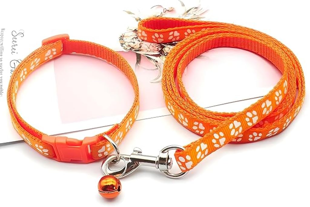 Orange Small Dog Collar With Bell Leash Set, Nylon Basic Reflective Puppy Collars Paw Print For Boy Girls Xxs Xs S Cat Pet Anima