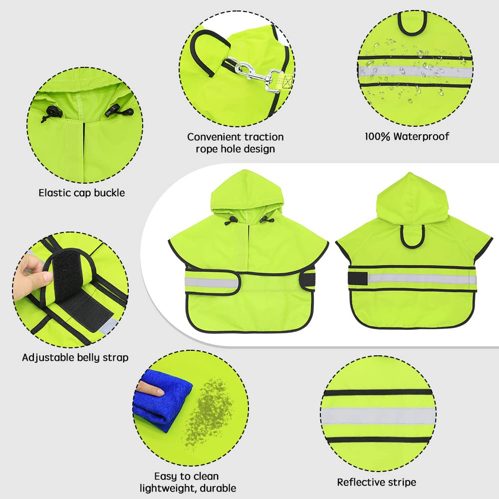 Candofly Reflective Dog Raincoat - Waterproof Dog Rain Jacket With Leash Hole, Hooded Doggie Ponch Rain Coat For Dogs (Green, Xx