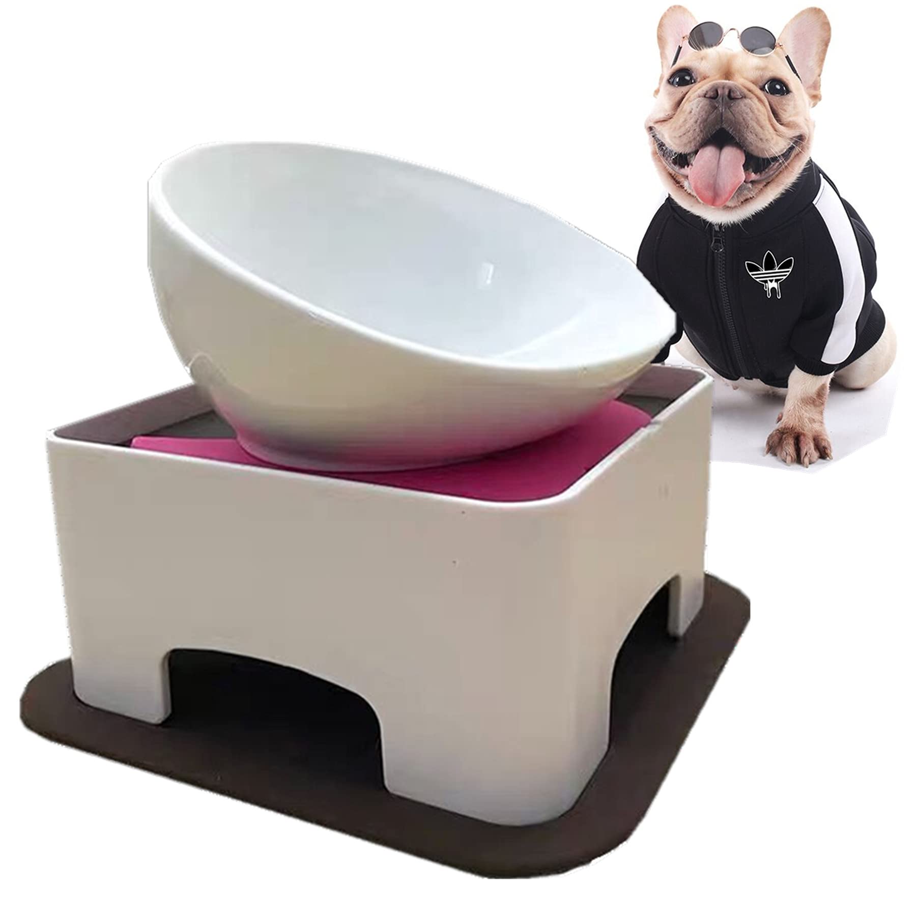 Bulldog Bowl Anti-Slip Dog Cat Dish Detachable Rubber Dog Bowl Pet Sterile Tilted Pet Feeder Slope Base (White(Ceramic Bowl), 1.