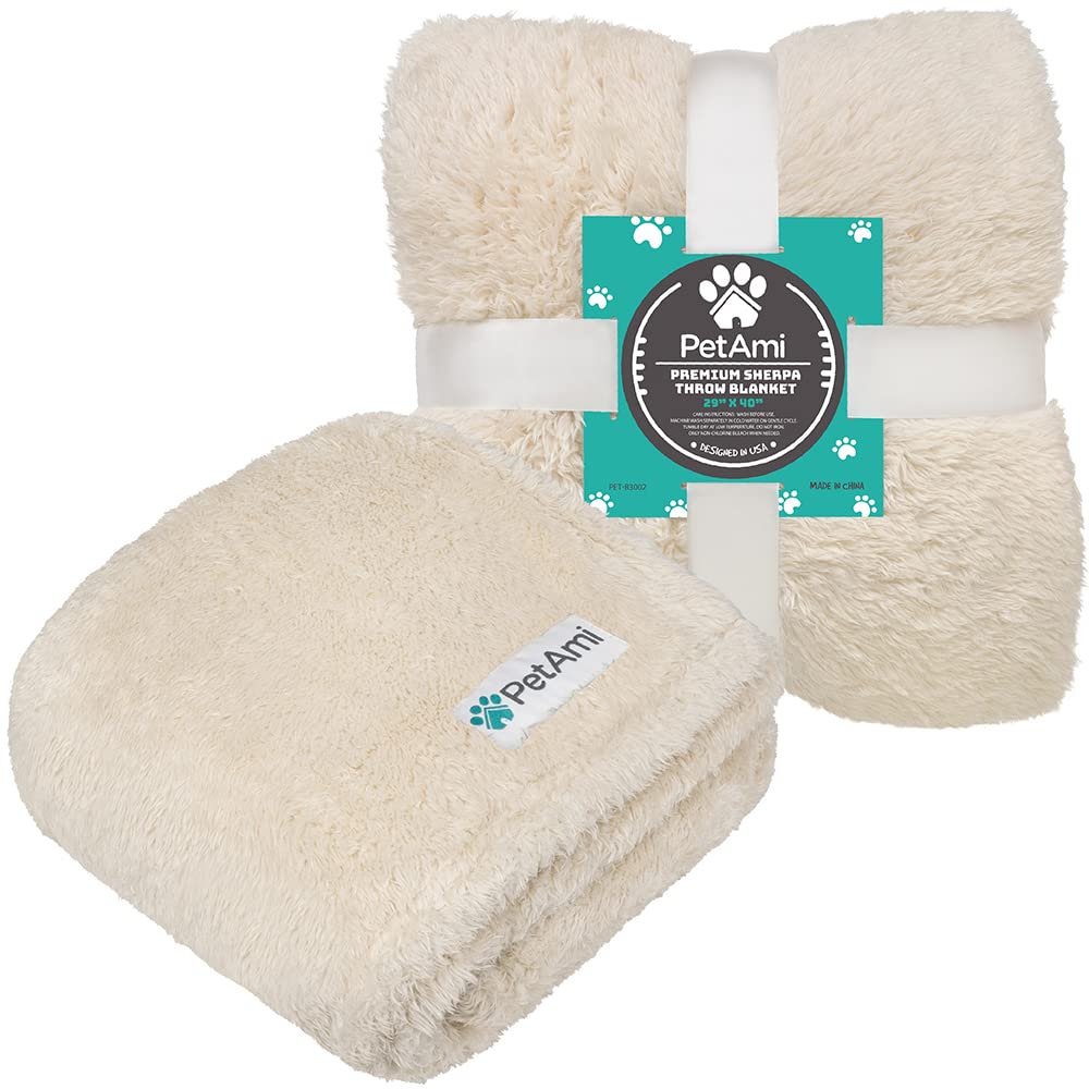 Petami Fluffy Dog Blanket For Small Medium Dog, Pet Blanket For Bed, Sherpa Furniture Couch Cover Protector, Soft Fleece Cat Sofa Throw, Shag Plush Reversible Washable For Puppy Kitten, Beige 29X40