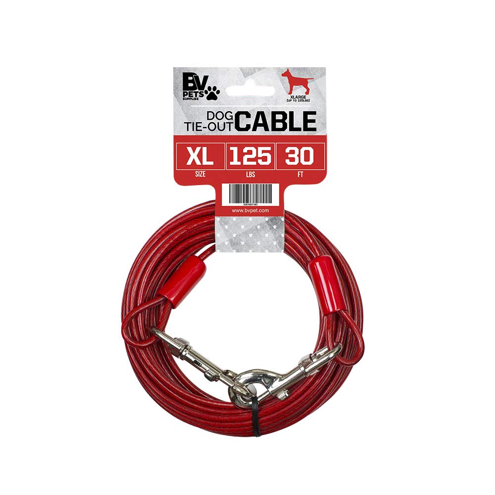 Bv Dog Tie Out Cable 30 Feet - Dog Leads For Yard Heavy Duty - Up To 125 Pounds | Tie Out Cable For Dogs, Reflective Dog Lead, Dog Cable 30Ft | Rust Free Dog Chain Outdoor | Dog Chain For Yard (Red)