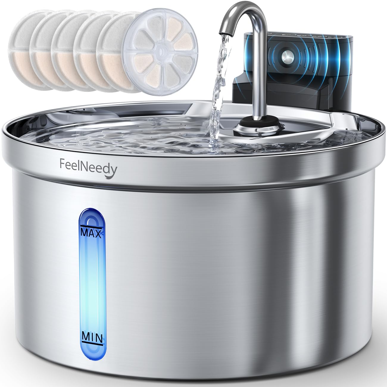 Wireless Cat Water Fountain Stainless Steel [Water & Battery Separation] Feelneedy Smart Pet Water Fountain, 4000Mah Battery Ope