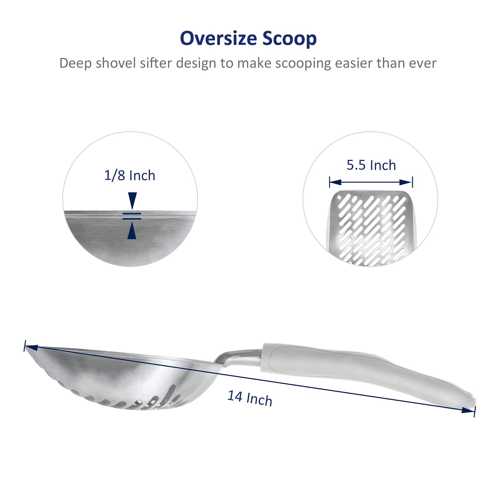 Wepet Cat Litter Scoop, Aluminum Alloy Sifter, Kitty Metal Scooper, Deep Shovel, Long Handle, Poop Sifting, Kitten Pooper Lifter, Heavy Duty, For Litter Box, Irregularly Aluminum With Grey Handle