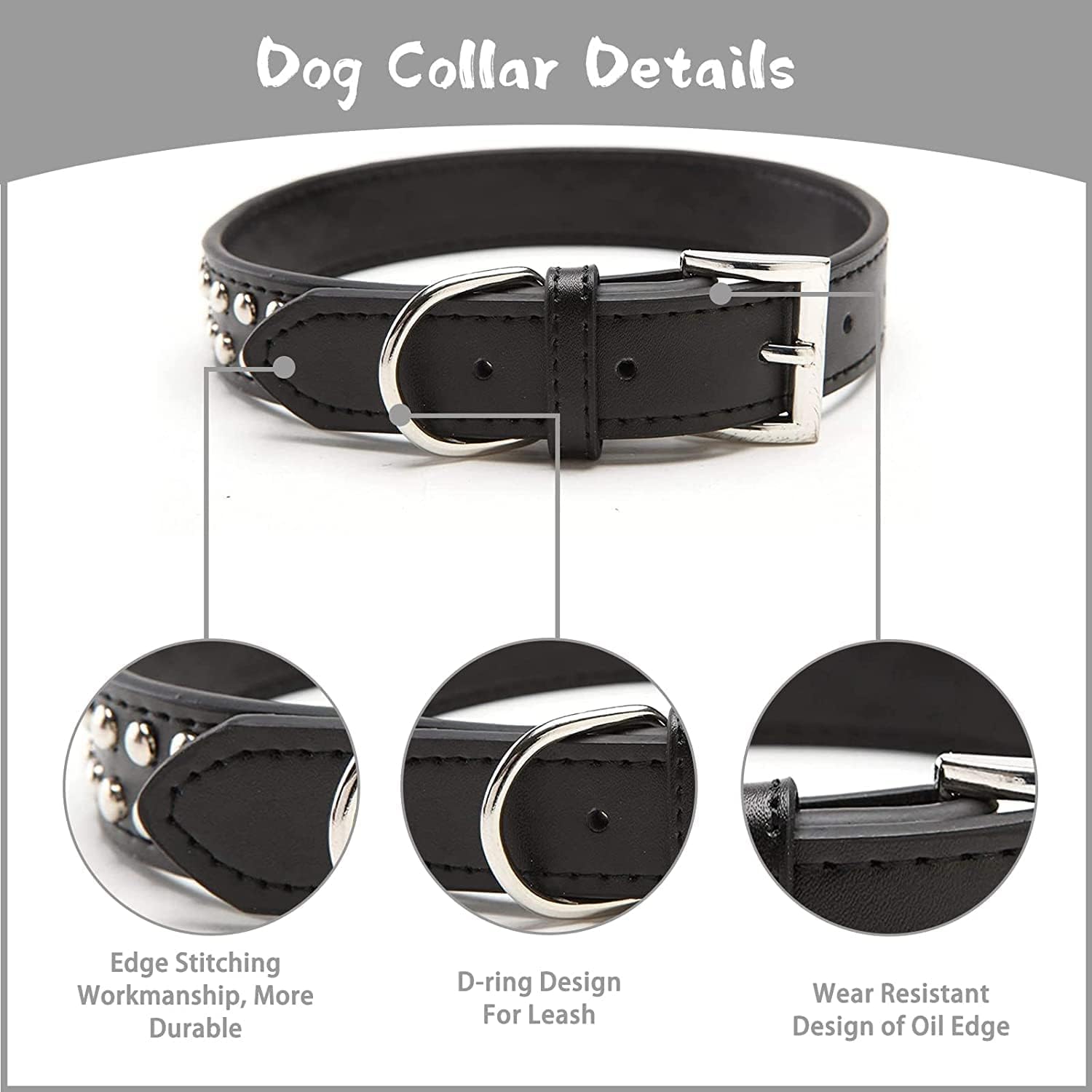 Bingpet Leather Dog Collar,Adjustable Dog Real Split Pu Leather Studded Pet Dog Collar,Studded Dog Collar Leather Pet Collars For Small Medium Large Pet - Black L
