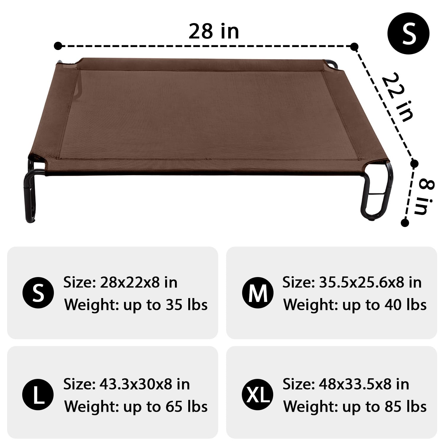Pettycare Elevated Outdoor Dog Bed - Dog Cots Beds For Small Dogs, Waterproof Raised Dog Bed Easy To Assemble, Cooling Elevated Dog Bed With Teslin Mesh, Durable, Non Slip, Up To 35 Lbs,Brown
